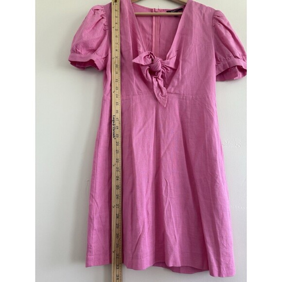 Women Linen Medium Pink Front tie Dress casual romantic rose short sleeve - Picture 4 of 11